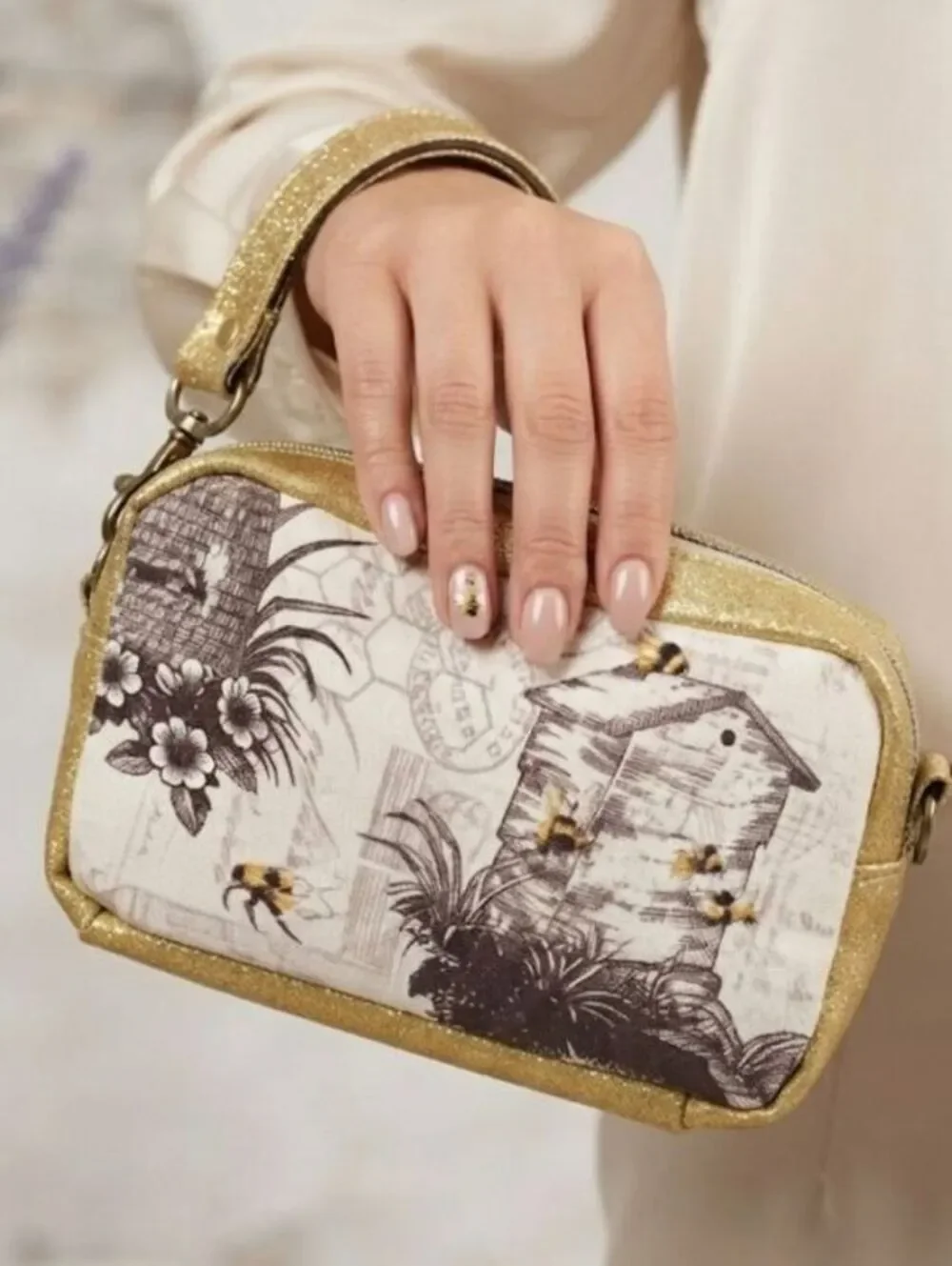 Honeybee hive and glitter gold gusset wristlet or clutch